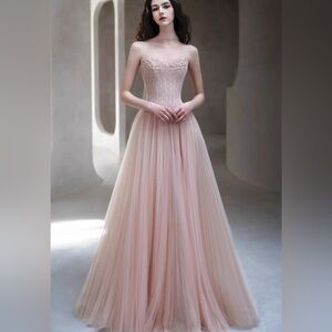 Elegant Pink Strapless Evening Gown